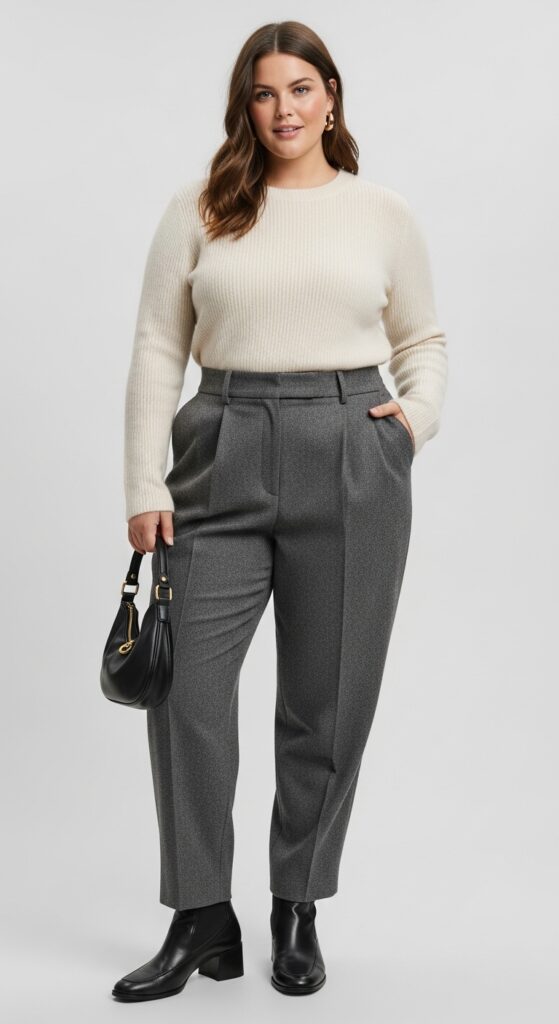 14 Chic and Cozy Plus Size Fall and Winter Outfits Every Curvy Woman Will Love 14 Cashmere Sweater and Wool Trousers