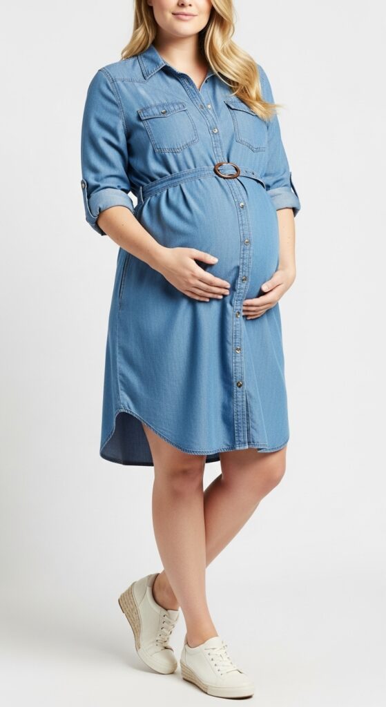 15 Stunning Plus Size Summer Pregnancy Outfits Every Curvy Mom-to-Be Will Love 10 Chambray Shirt Dress