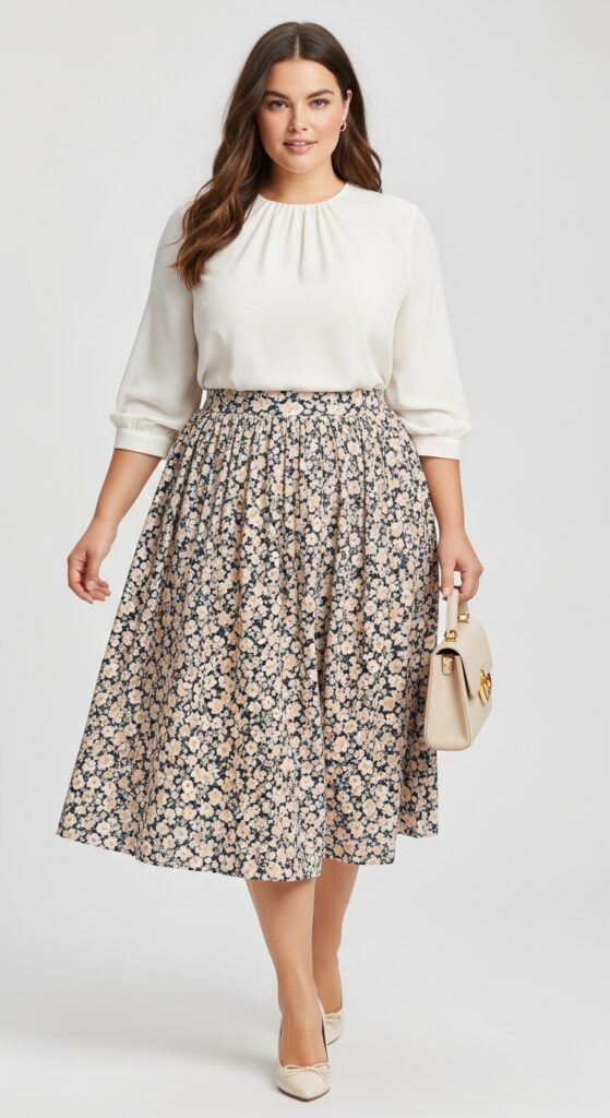 12 Classy Plus Size Summer Outfits Curvy Women Will Love 5 Chic Midi Skirt & Fitted Blouse Timeless Elegance