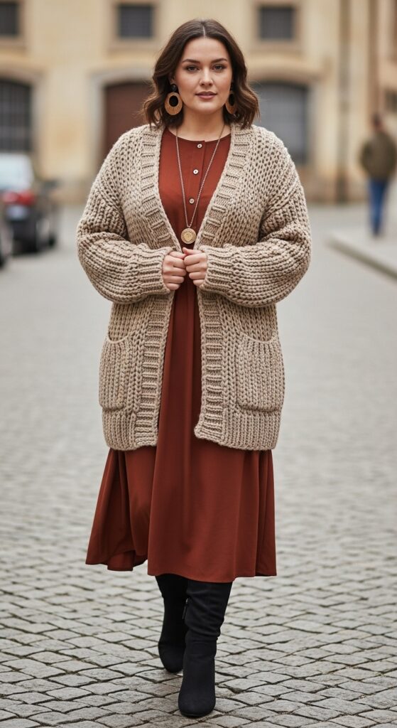 12 Plus Size Italian Fall Outfits That Curvy Women Love 27 Chunky Knit Cardigan and Midi Dress