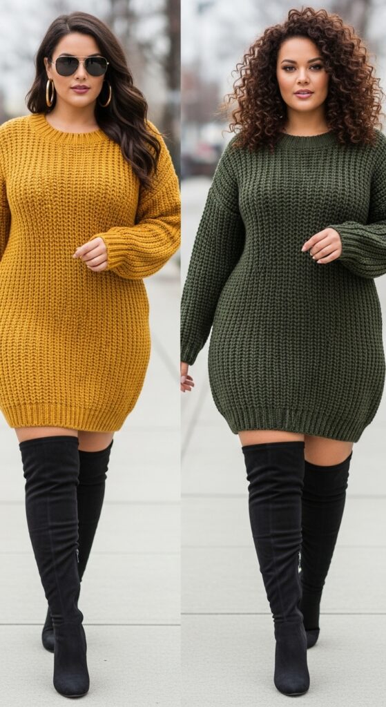 14 Chic and Cozy Plus Size Fall and Winter Outfits Every Curvy Woman Will Love 4 Chunky Knit Sweater Dress and Over-the-Knee Boots