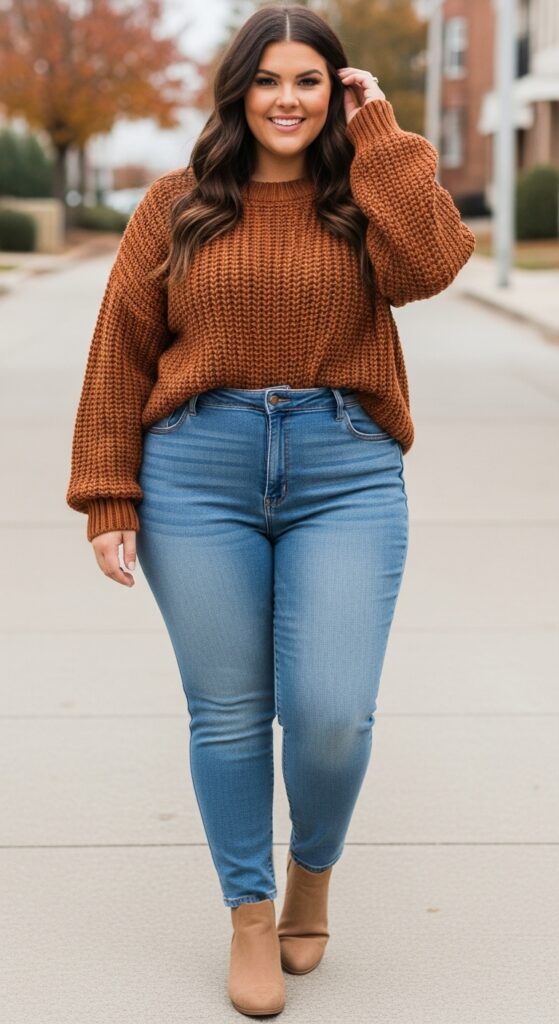 15 Stylish Plus Size Fall Outfits for Curvy Women to Rock This Season 3 Chunky Knit Sweater & High-Waisted Jeans