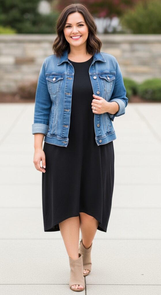 12 Plus Size Basic Fall Outfits That Curvy Women Love 13 Classic T-Shirt Dress and Denim Jacket