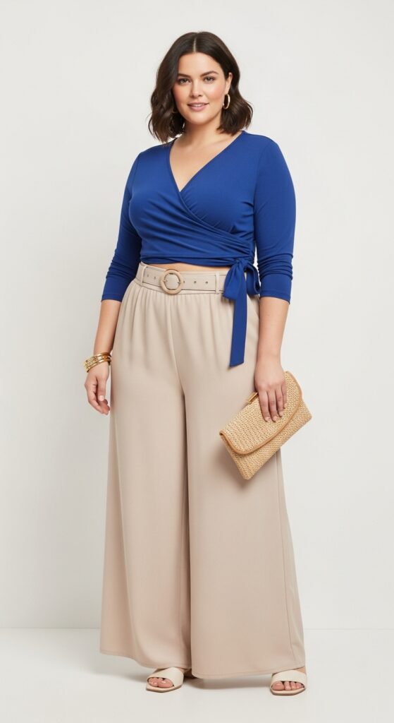 12 Plus Size Comfy Summer Outfits for Curvy Women 8 Cobalt Blue Wrap Top and Wide-Leg Pants