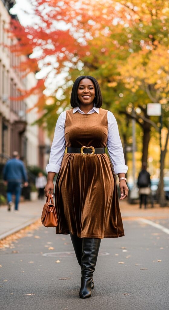 14 Plus Size Fall Outfits Celebrating Black Women’s Style Magic 4 Cocoa Velvet Midi Dress