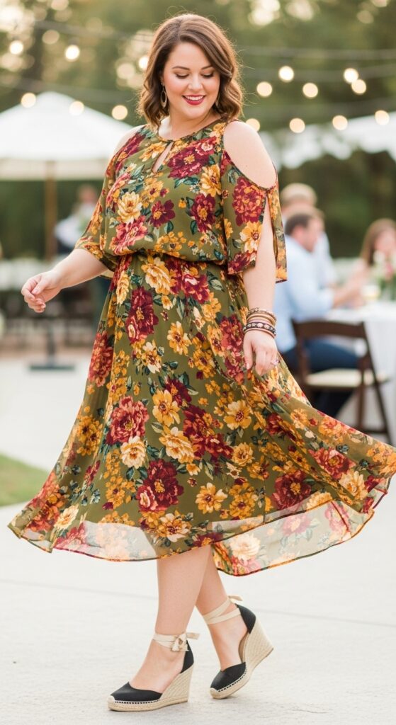 10 Gorgeous Plus Size September Wedding Guest Dresses for Curvy Women 7 Cold Shoulder Floral Dress