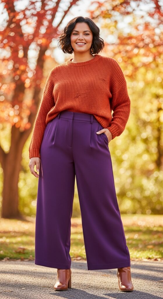 14 Plus Size Fall Outfits That Celebrate Your Curves in Every Autumn Adventure 13 Color-Blocked Sweater + Wide-Leg Pants