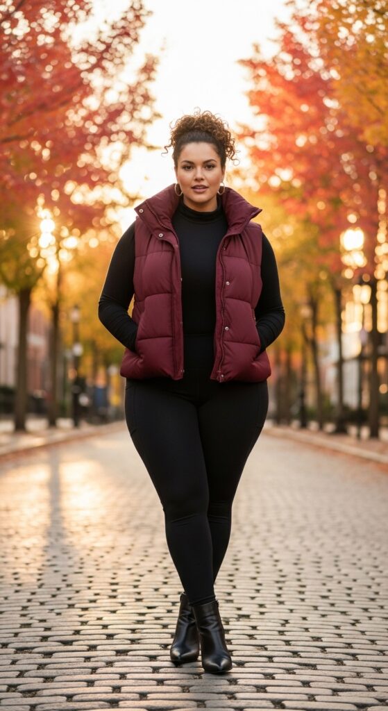 14 Plus Size Fall Vest Outfits Curvy Women Will Love 5 Colored Puffer & All-Black Base