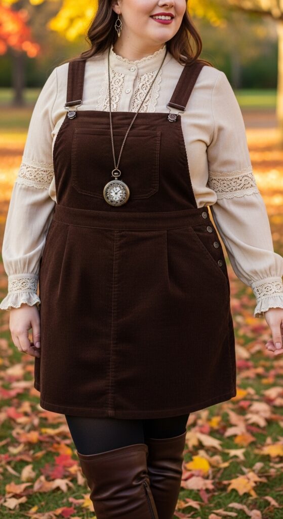 15 Plus Size Fall Aesthetic Outfits That Celebrate Your Curves & Creativity 5 Corduroy Jumper & Lace Blouse