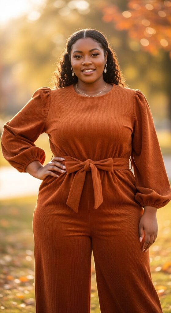 14 Plus Size Fall Outfits Celebrating Black Women’s Style Magic 10 Corduroy Jumpsuit in Spice