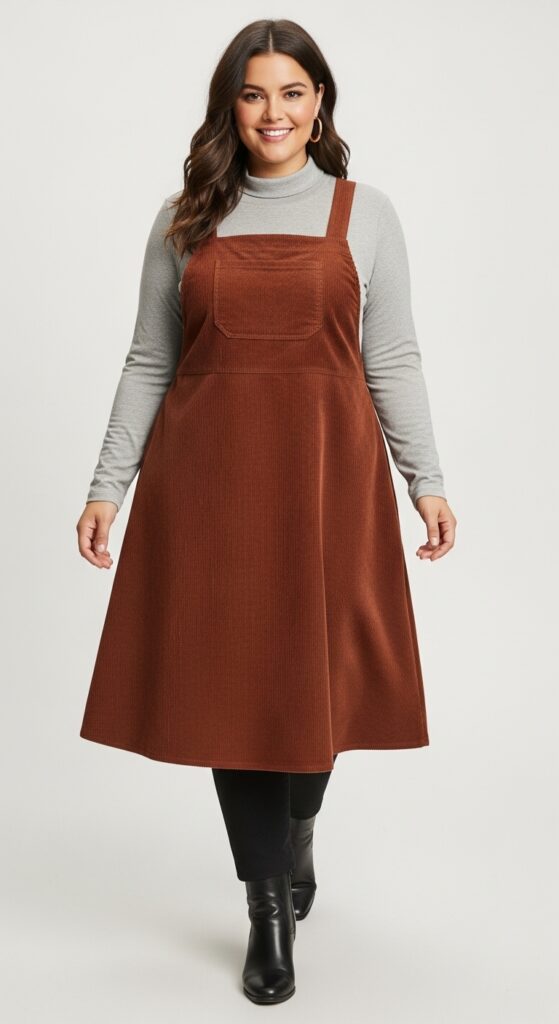 15 Plus Size Fall Mom Outfits Curvy Mothers Will Love 6 Corduroy Pinafore & Long Sleeve Tee