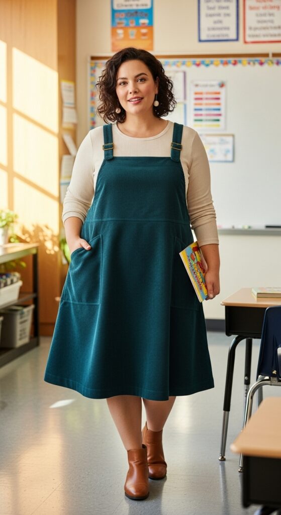 14 Plus Size Fall Teacher Outfits for the Stylish & Savvy Educator 7 Corduroy Pinafore & Long Sleeve Tee