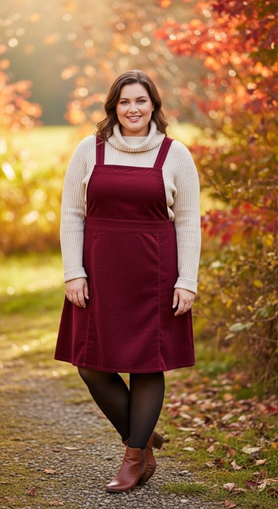 12 Plus Size Fall Photo Outfits That Make Your Curves Shine 4 Corduroy Pinafore + Turtleneck