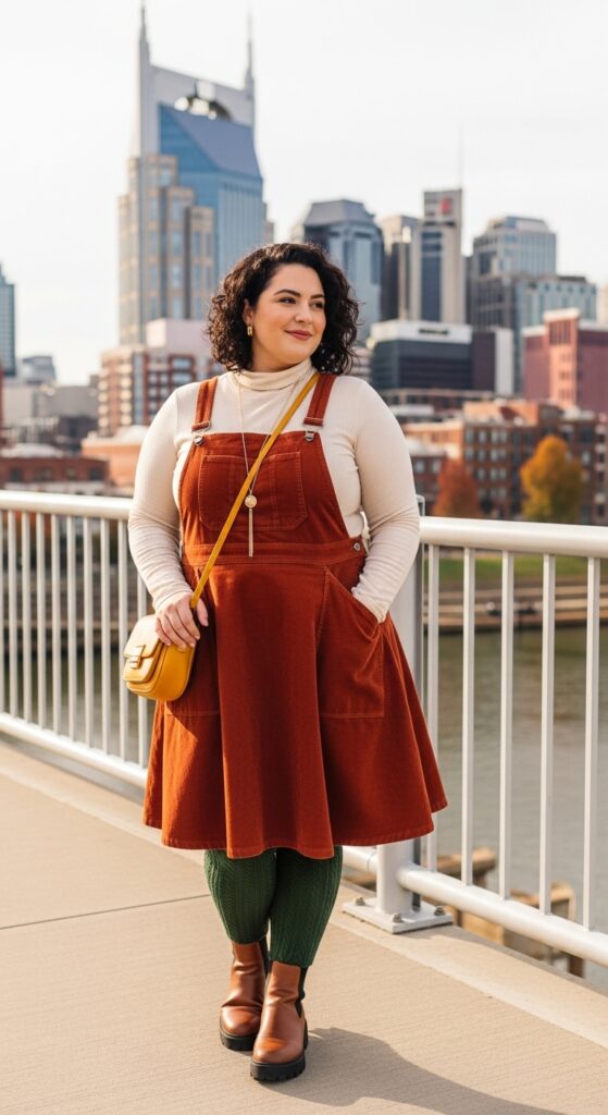 14 Plus Size Fall Nashville Outfits for an Unforgettable Trip 6 Corduroy Pinafore & Turtleneck