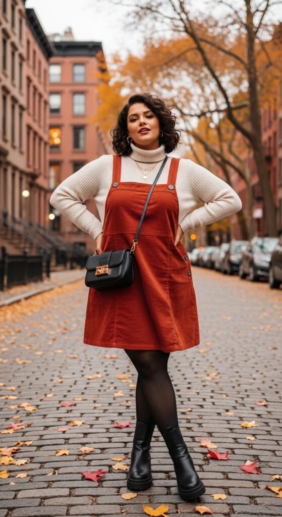 15 Plus Size New York Fall Outfits Curvy Women Will Love 13 Corduroy Pinafore & Turtleneck