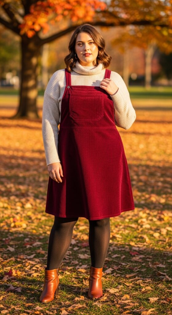 14 Plus Size Fall Outfits That Celebrate Your Curves in Every Autumn Adventure 4 Corduroy Pinafore + Turtleneck