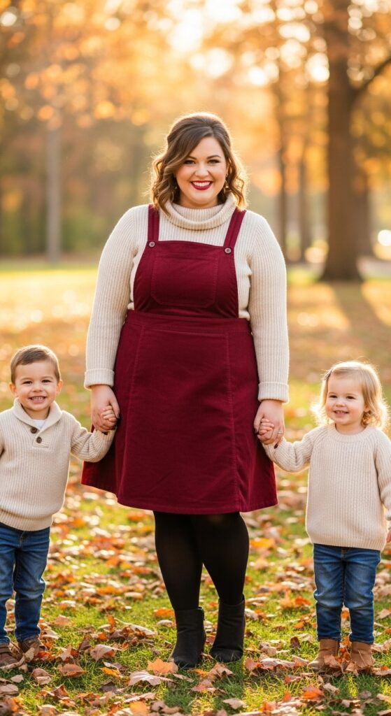 15 Plus Size Fall Family Photo Outfits That Celebrate Every Curve & Create Timeless Memories 3 Corduroy Pinafore + Turtleneck Duo