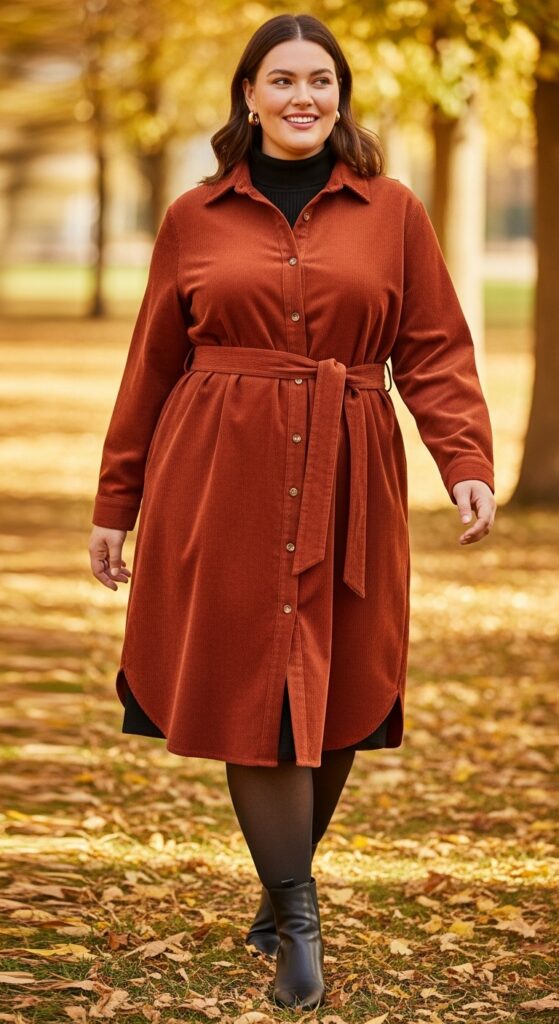 14 Plus Size Comfy Fall Outfits That Are Big on Style 8 Corduroy Shirtdress