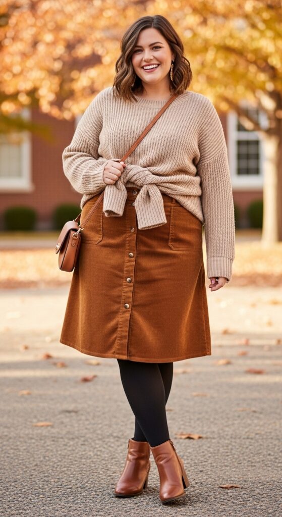 14 Plus Size Fall Transition Outfits to Master Every Temperature Swing 15 Corduroy Skirt & Tights