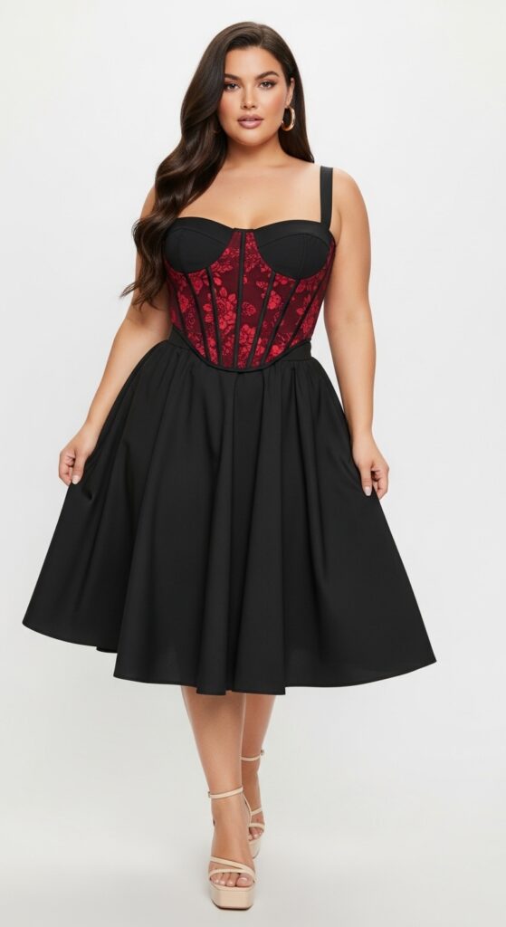 14 Plus Size Fall Club Outfits That Curvy Women Love 10 Corset Top and A-Line Skirt