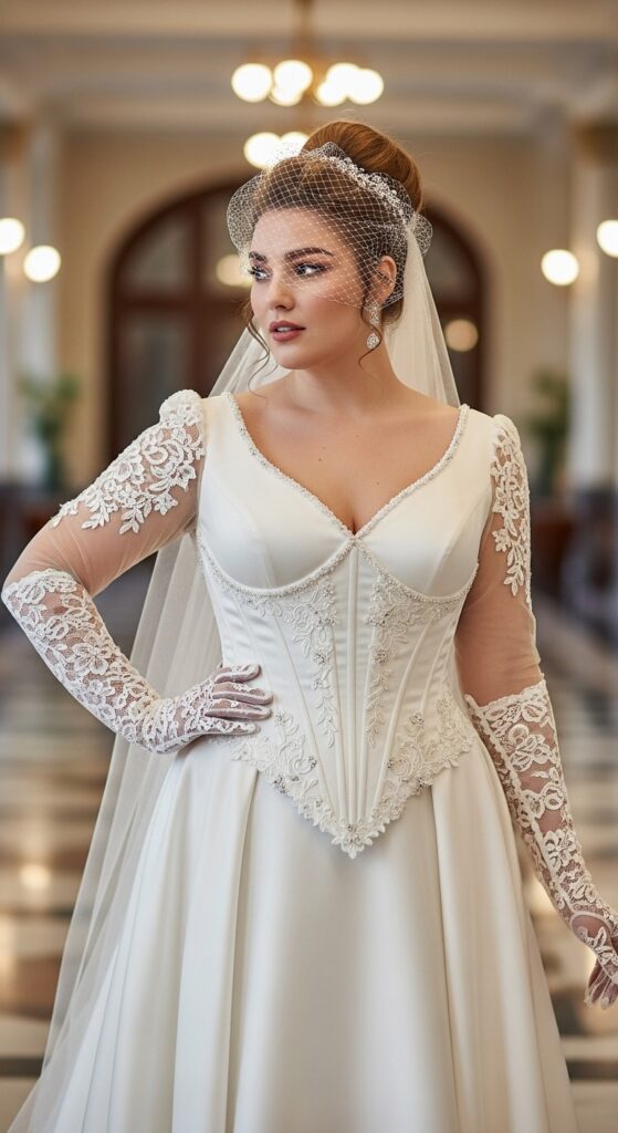 10 Stunning Plus Size Vintage Wedding Dresses for Curvy Brides 4 Corseted Basque Waist Gown