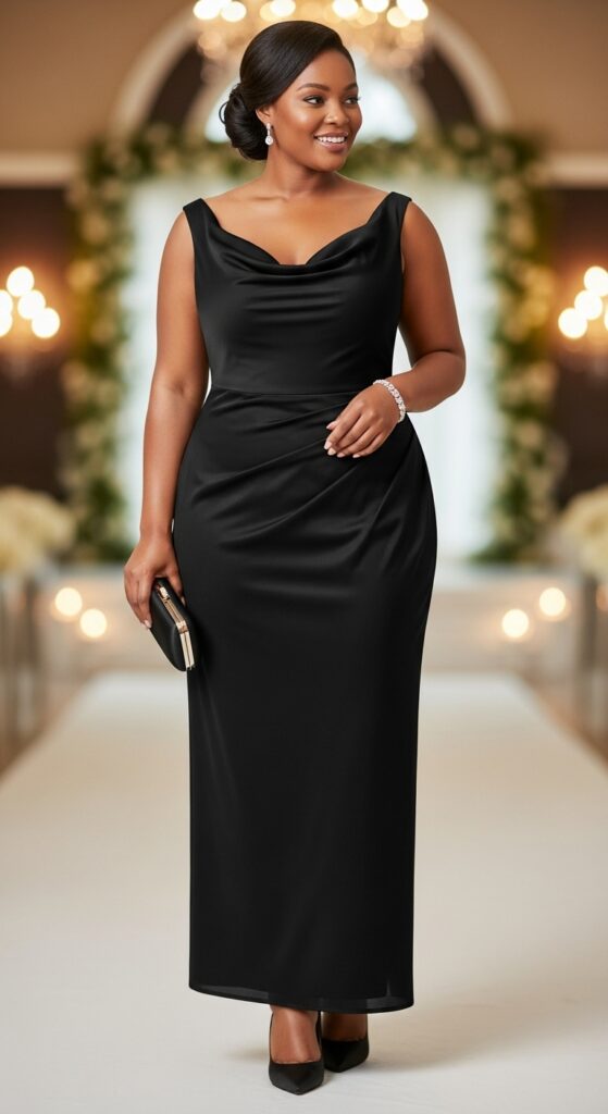 10 Elegant Plus Size Black Wedding Guest Dresses for Curvy Women 12 Cowl Neck Sheath Dress