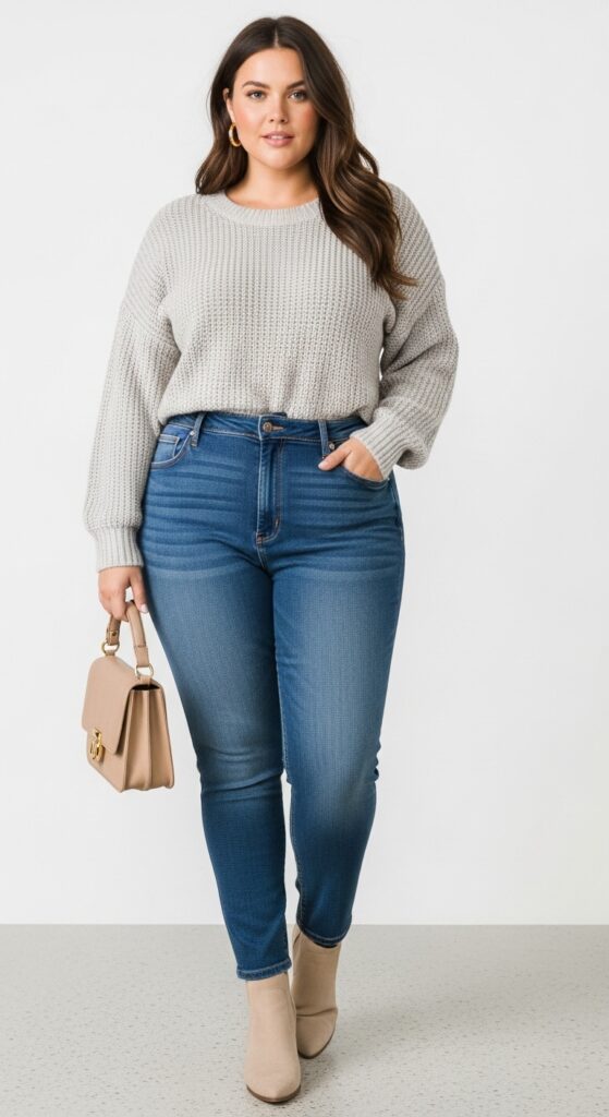 15 Chic Plus Size Fall Fashion Outfits Every Curvy Woman Will Love 3 Cozy Knit Sweater and High-Waisted Jeans