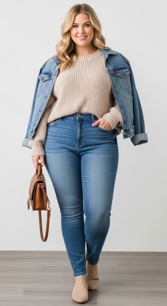 12 Plus Size Basic Fall Outfits That Curvy Women Love 3 Cozy Knit Sweater and Skinny Jeans Combo