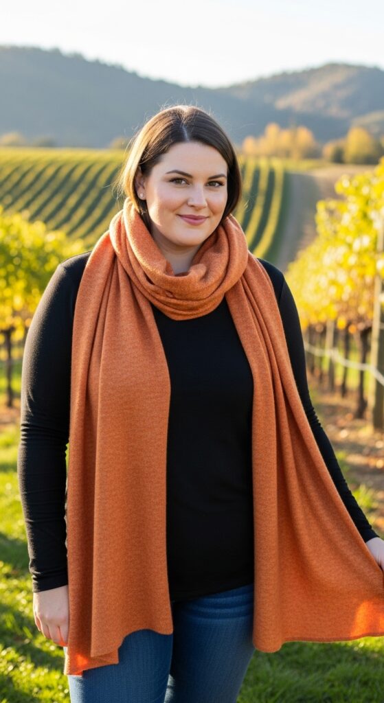15 Plus Size Fall Winery Outfits for an Unforgettable Autumn Day 16 Cozy Scarf Wrap