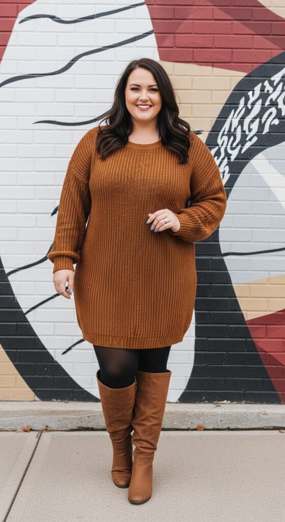 14 Plus Size Fall Nashville Outfits for an Unforgettable Trip 4 Cozy Sweater Dress & Boots