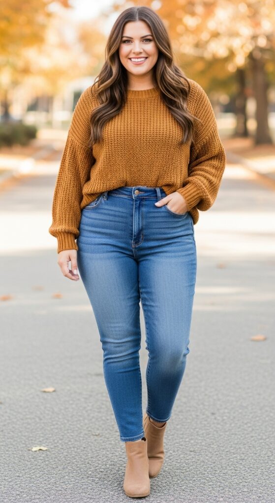 15 Chic and Casual Plus Size Fall Outfits Every Curvy Woman Will Love 2 Cozy Sweater and High-Waisted Jeans
