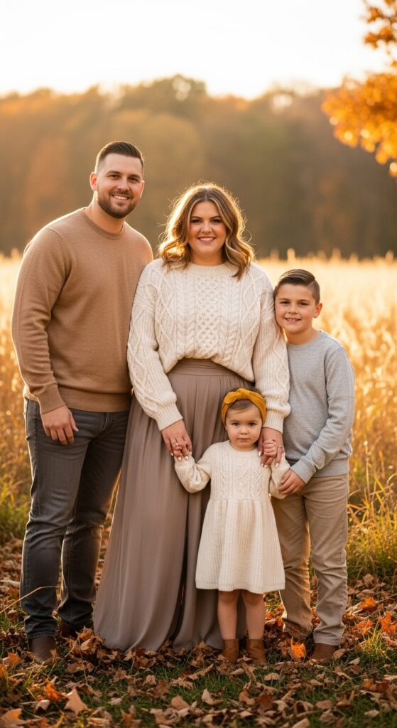 15 Plus Size Fall Family Photo Outfits That Celebrate Every Curve & Create Timeless Memories 15 Cream Cable-Knit Sweater + Wide-Leg Trousers