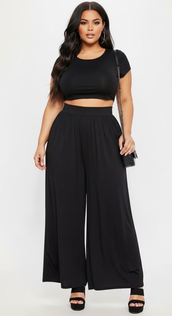 14 Plus Size Fall Club Outfits That Curvy Women Love 12 Crop Top and High-Waisted Palazzos