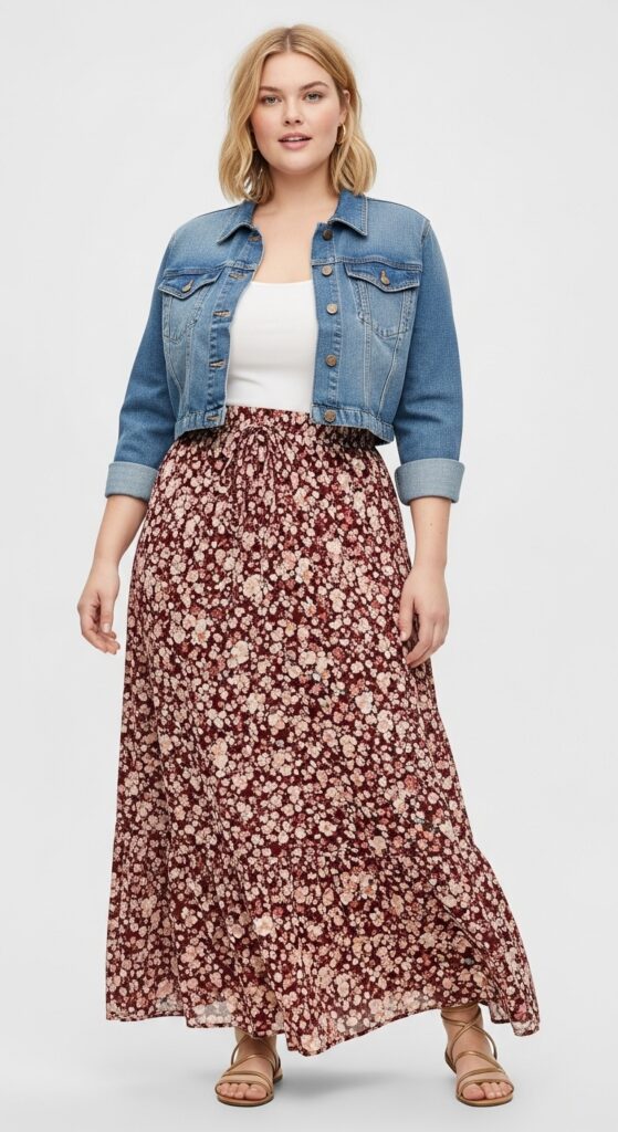 12 Plus Size Hot Summer Outfits Curvy Women Will Love 7 Cropped Denim Jacket & Maxi Skirt Trendy and Cool