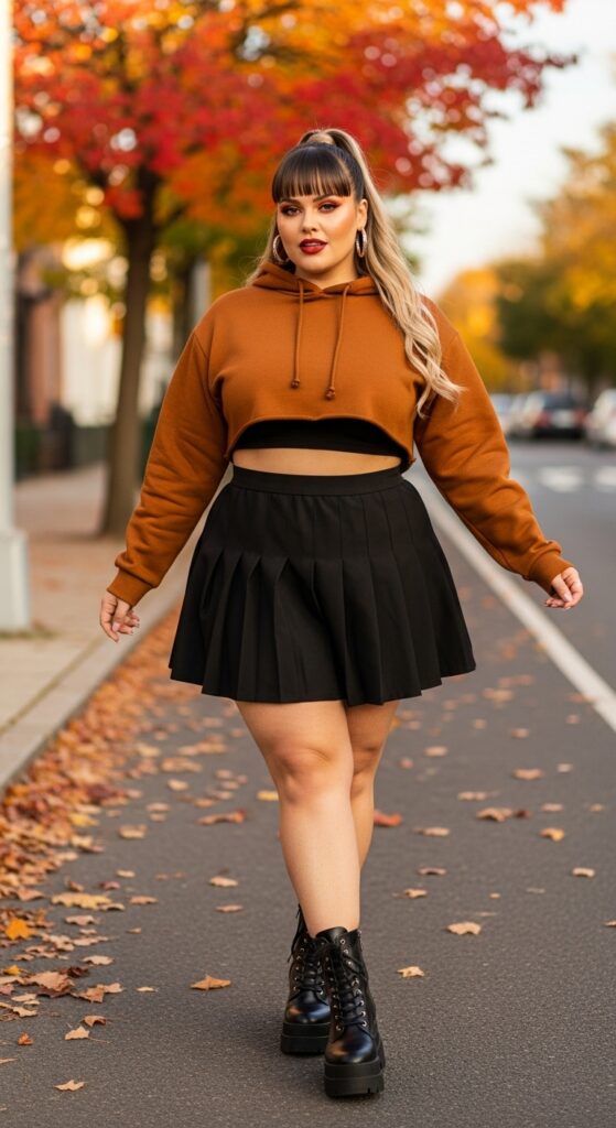 14 Plus Size Baddie Fall Outfits That Scream Confidence (Own Your Curves, Queen!) 10 Cropped Hoodie + Pleated Skirt