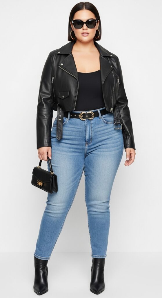 12 Plus Size Edgy Summer Outfits for Curvy Women You’ll Love 3 Cropped Leather Jacket & High-Waisted Jeans Classic and Cool