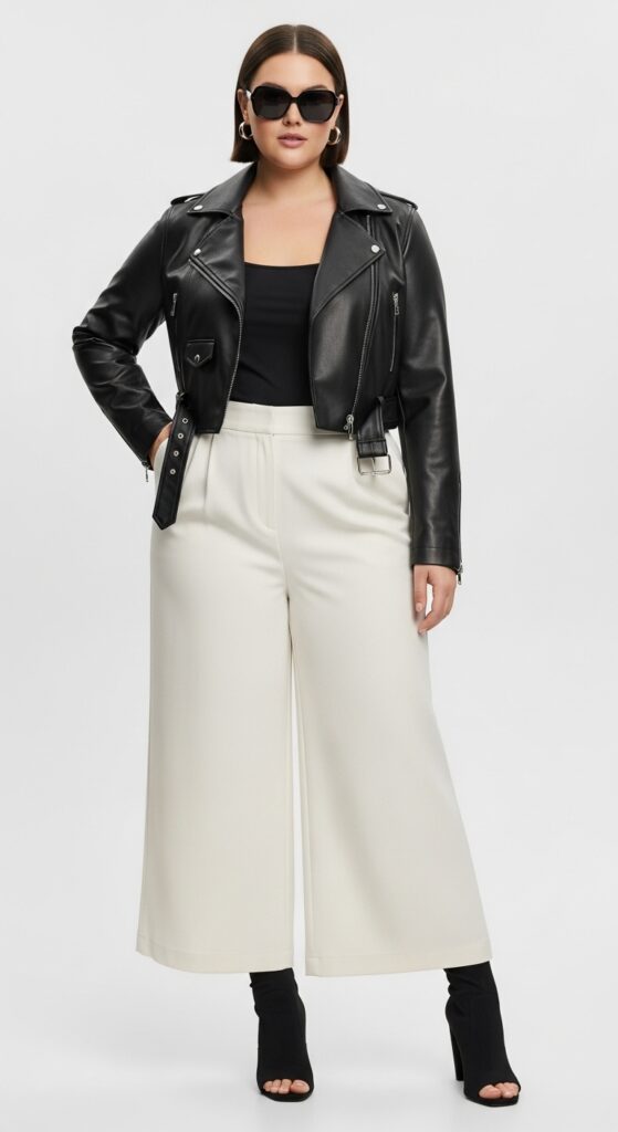 12 Plus Size Edgy Summer Outfits for Curvy Women You’ll Love 12 Cropped Moto Jacket & Wide-Legged Pants Chic and Edgy