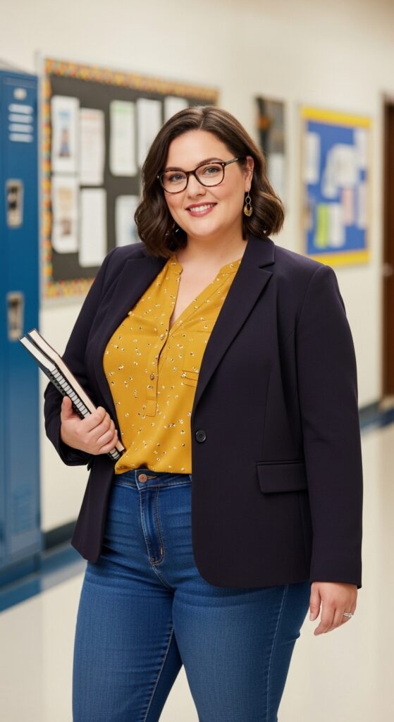 14 Plus Size Fall Teacher Outfits for the Stylish & Savvy Educator 9 Dark Wash Jeans & a Blazer
