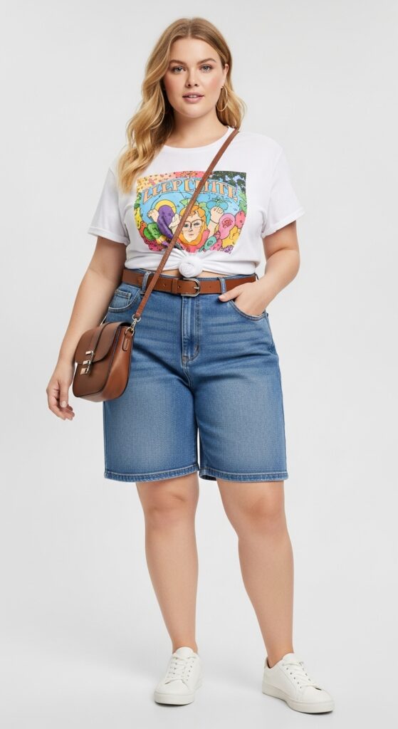 15 Plus Size Summer Mom Outfits Curvy Moms Will Love 5 Denim Bermuda Shorts and Graphic Tee