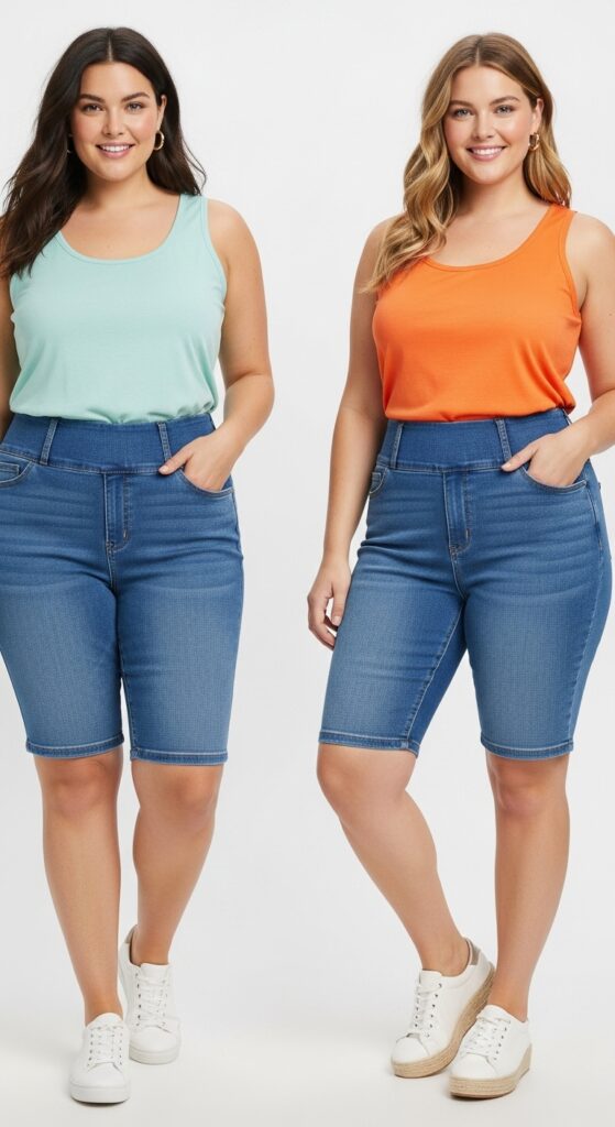 12 Plus Size Comfy Summer Outfits for Curvy Women 5 Denim Bermuda Shorts and Tank Top
