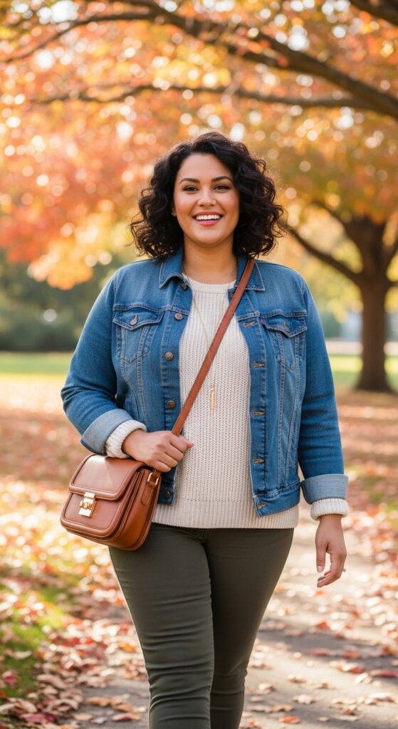 14 Plus Size Simple Fall Outfits Curvy Women Will Love 12 Denim Jacket & Neutral Layers