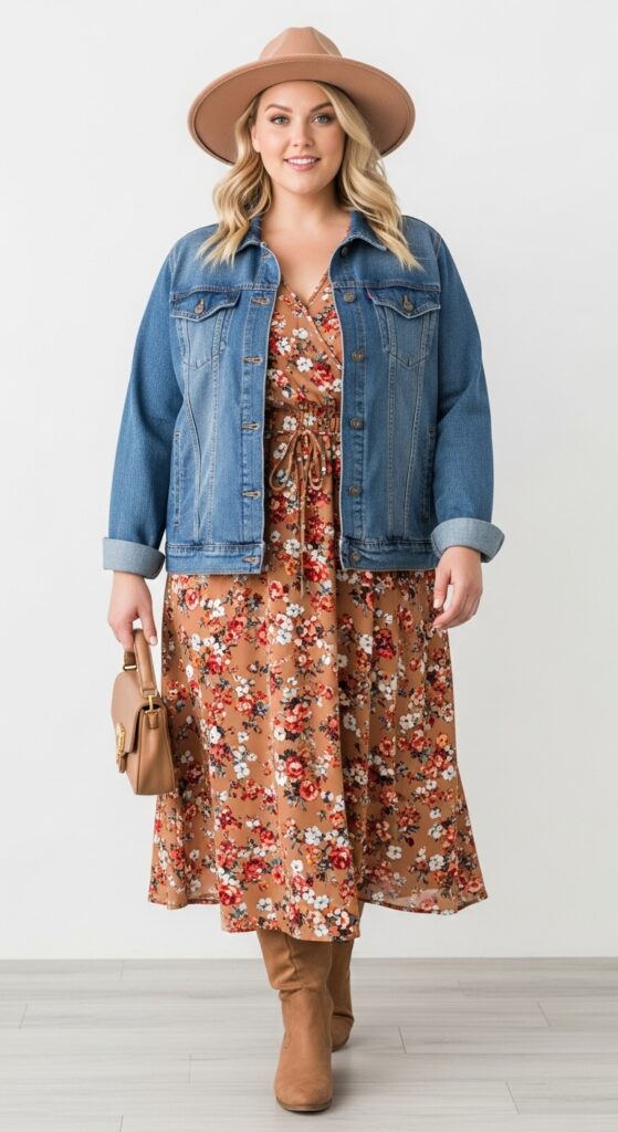 12 Plus Size Basic Fall Outfits That Curvy Women Love 5 Denim Jacket Over a Midi Dress