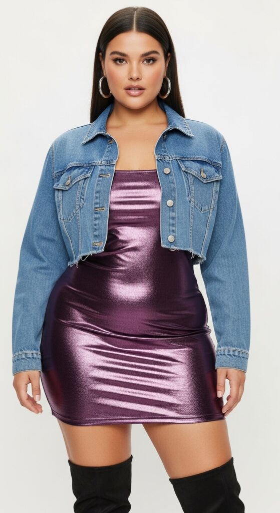 10 Fierce Plus-Size Summer Baddie Outfits for a Bold Curvy Look 9 Denim Jacket and Mini Dress
