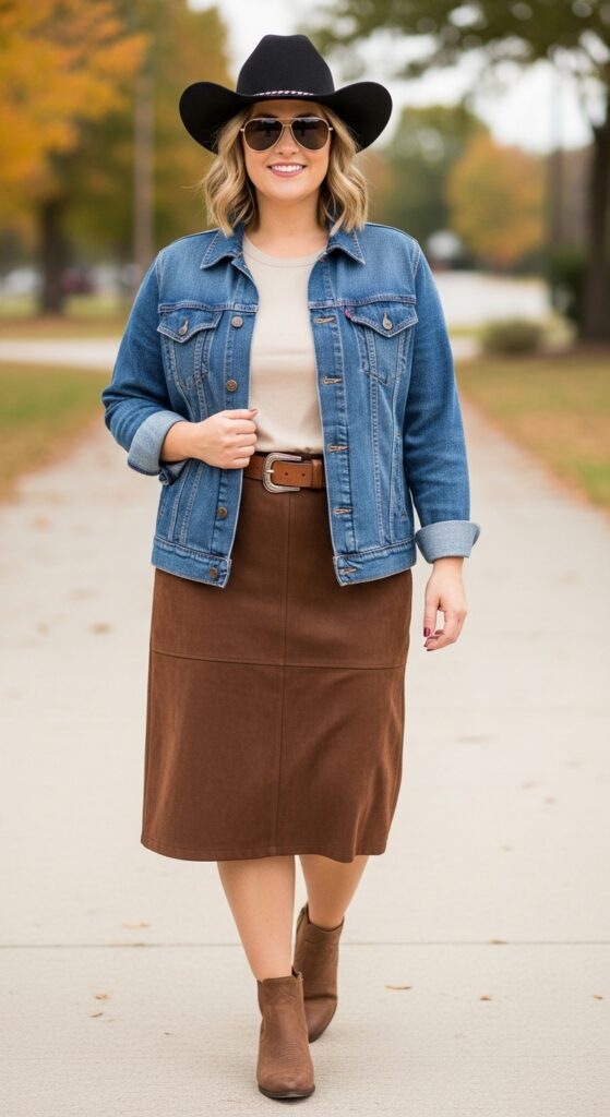 14 Plus Size Fall Western Outfits That Curvy Women Love 27 Denim Jacket and Suede Skirt