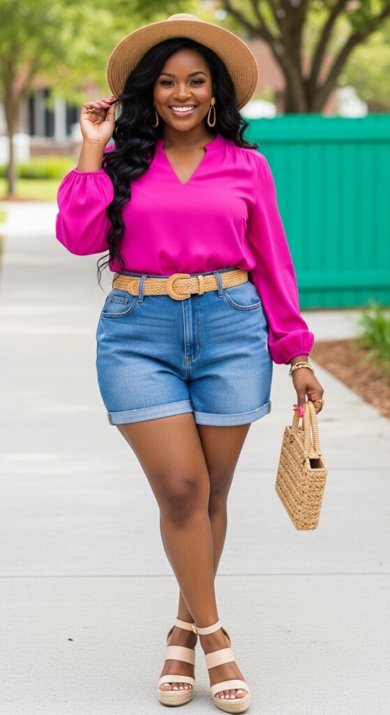 10 Fabulous Plus-Size Summer Outfits for Black Women to Slay the Season 4 Denim Shorts and Statement Blouse