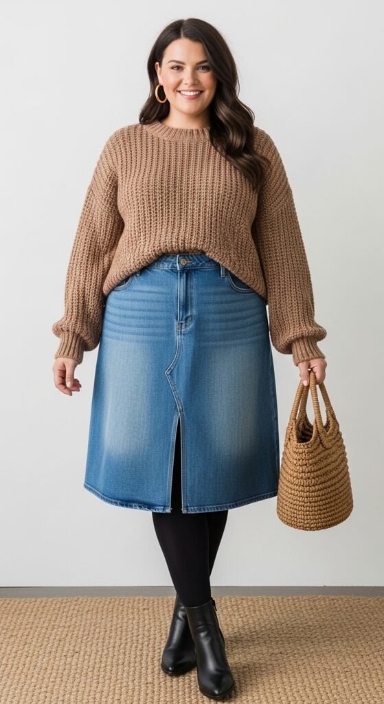 Denim Skirt and Chunky Knit Sweater