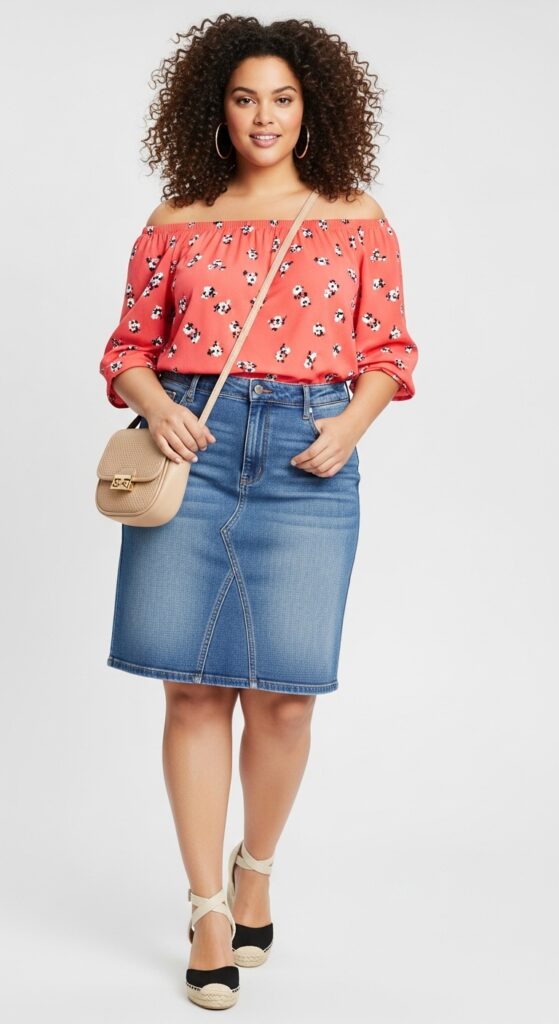 10 Cute Plus-Size Summer Outfits Curvy Women Will Love 5 Denim Skirt and Off-Shoulder Top