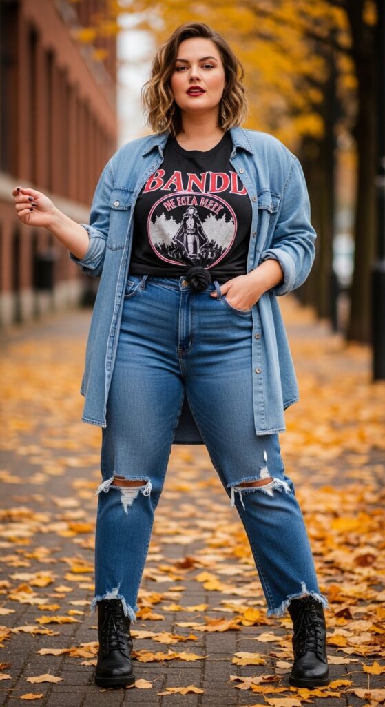 14 Plus Size Grunge Fall Outfits Curvy Women Will Love 12 Denim on Denim