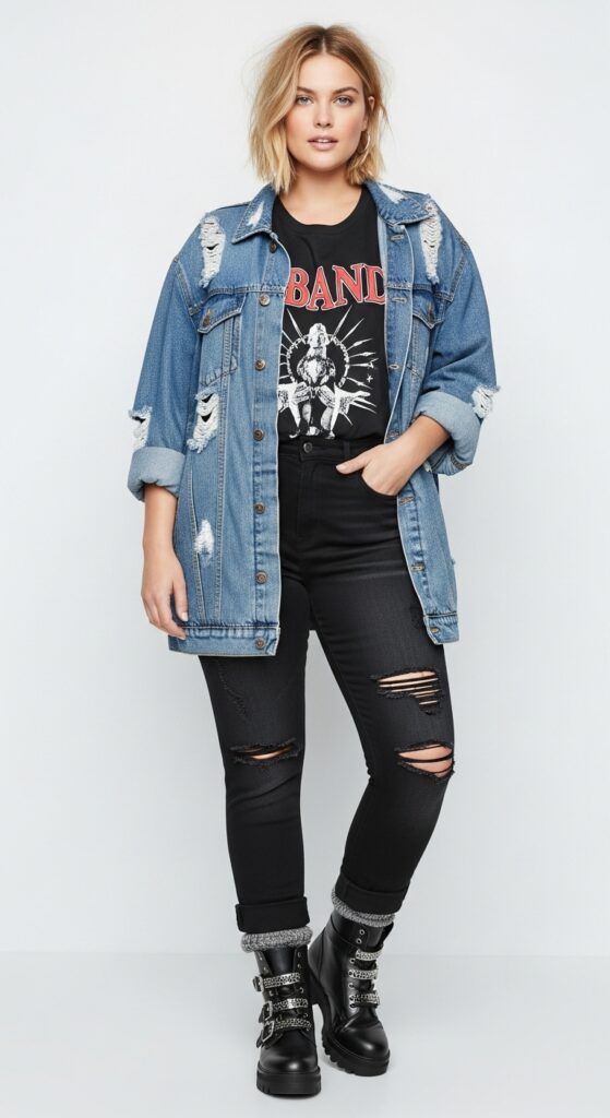 14 Plus Size Grunge Fall Outfits Curvy Women Will Love 4 Distressed Denim & Band Tee Combo