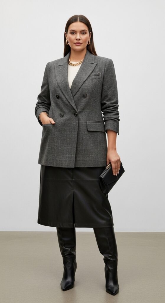 12 Plus Size Italian Fall Outfits That Curvy Women Love 18 Double-Breasted Blazer and Leather Skirt